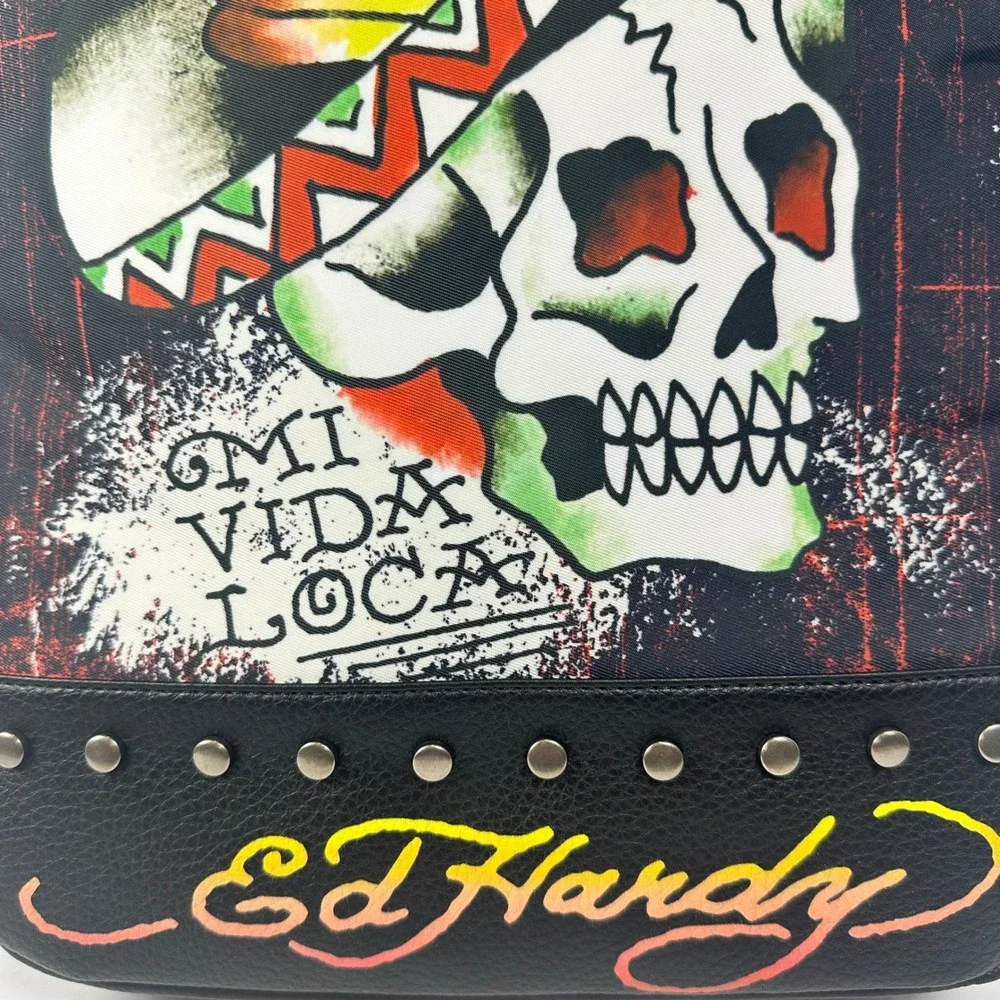 Ed‎ Hardy Backpack Mens OS Black Mi Vida Loca Skull Studded Tattoo Graphic Bag